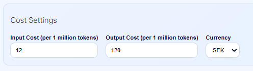 Cost Settings for configuring input token cost, output token cost and reporting currency.