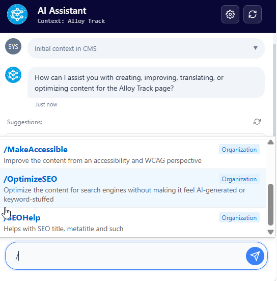 Screenshot of an AI Assistant chat panel showing content suggestions and a message input field.