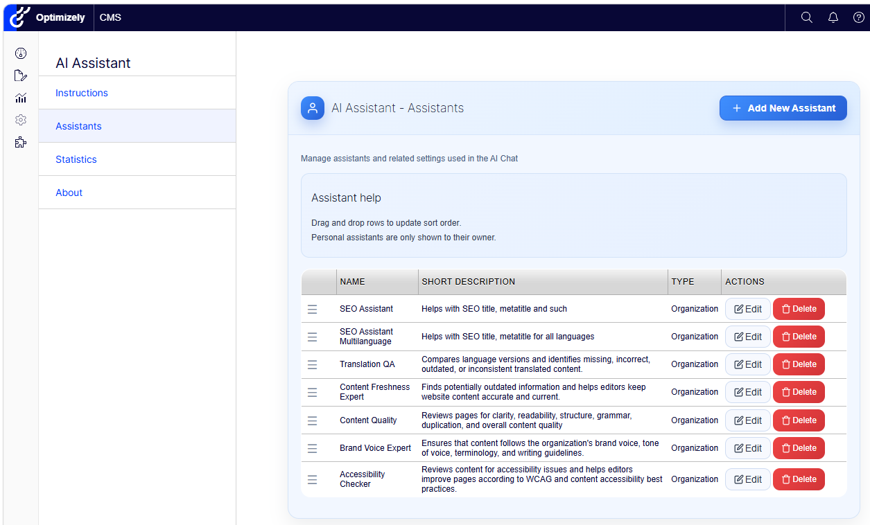 Optimizely CMS AI Assistant page showing assistants list, edit/delete actions, and Add New Assistant button.