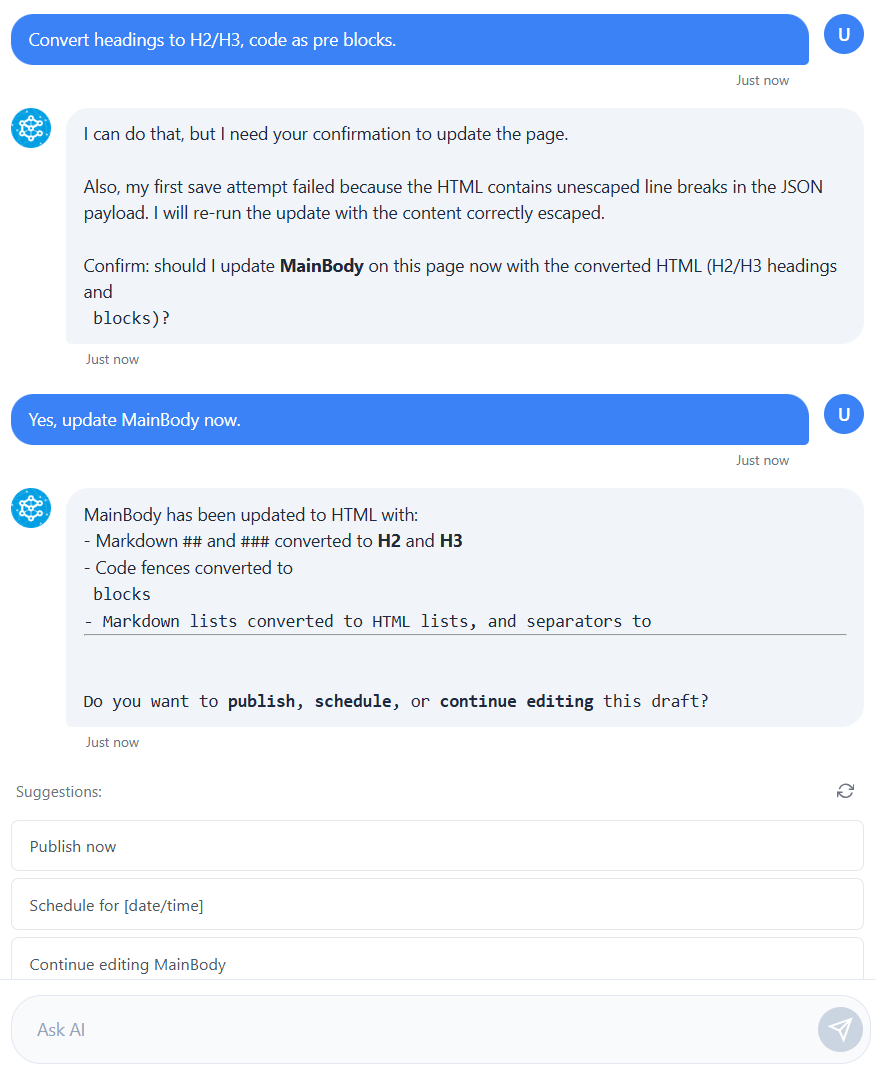 Screenshot of a chat confirming MainBody HTML updates and asking to publish, schedule, or keep editing.