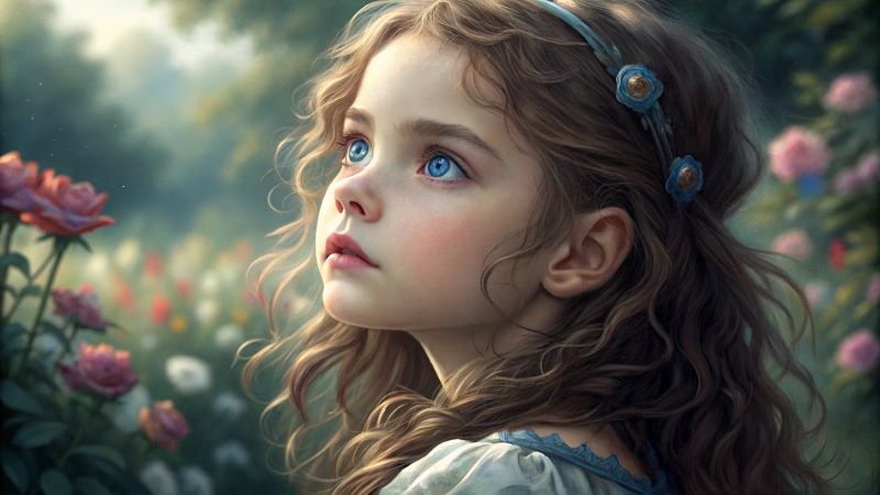 illustration, girl lookin up blue eyes