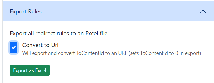 A user interface showing export options for redirect rules to an Excel file with a green export button.