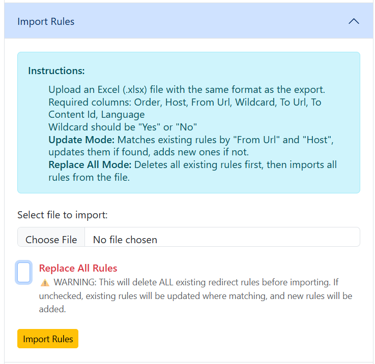 A user interface showing instructions for uploading Excel files, with options for importing and replacing rules.